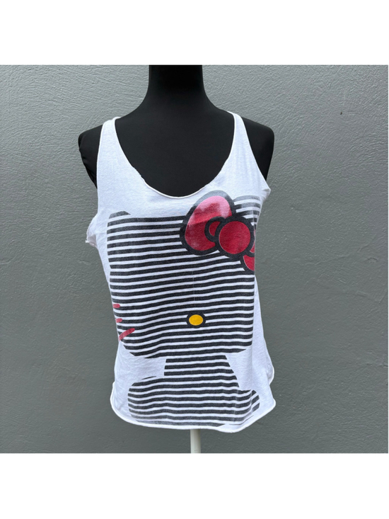 Hand Crafted Tops - Hello Kitty Distressed Upcycled White Racerback Tank Top OS